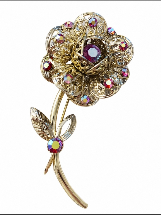 Sarah Coventry Jewelry - 1961 Sarah Coventry Flower Red Aurora Borealis Rhinestone Brooch Pin